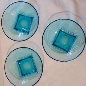 Vintage 3pc MCM Aquamarine Glass Bowls 6 inch